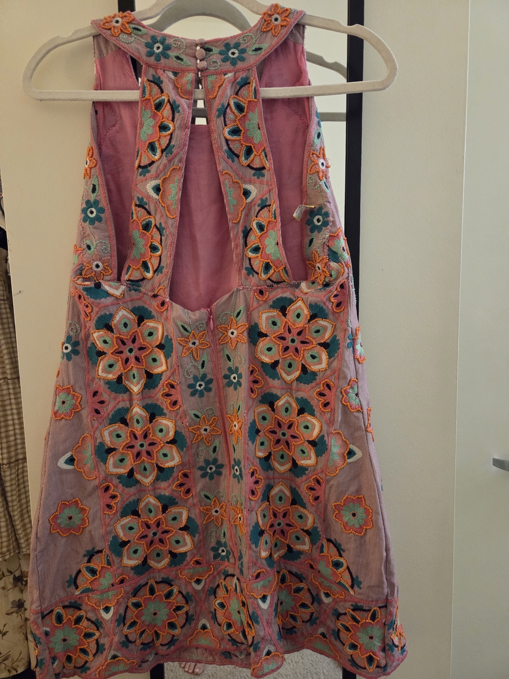 Anthropologie Pink Cottom Beaded Embroidered Applique Shift Mini Dress - Picture 2 of 10